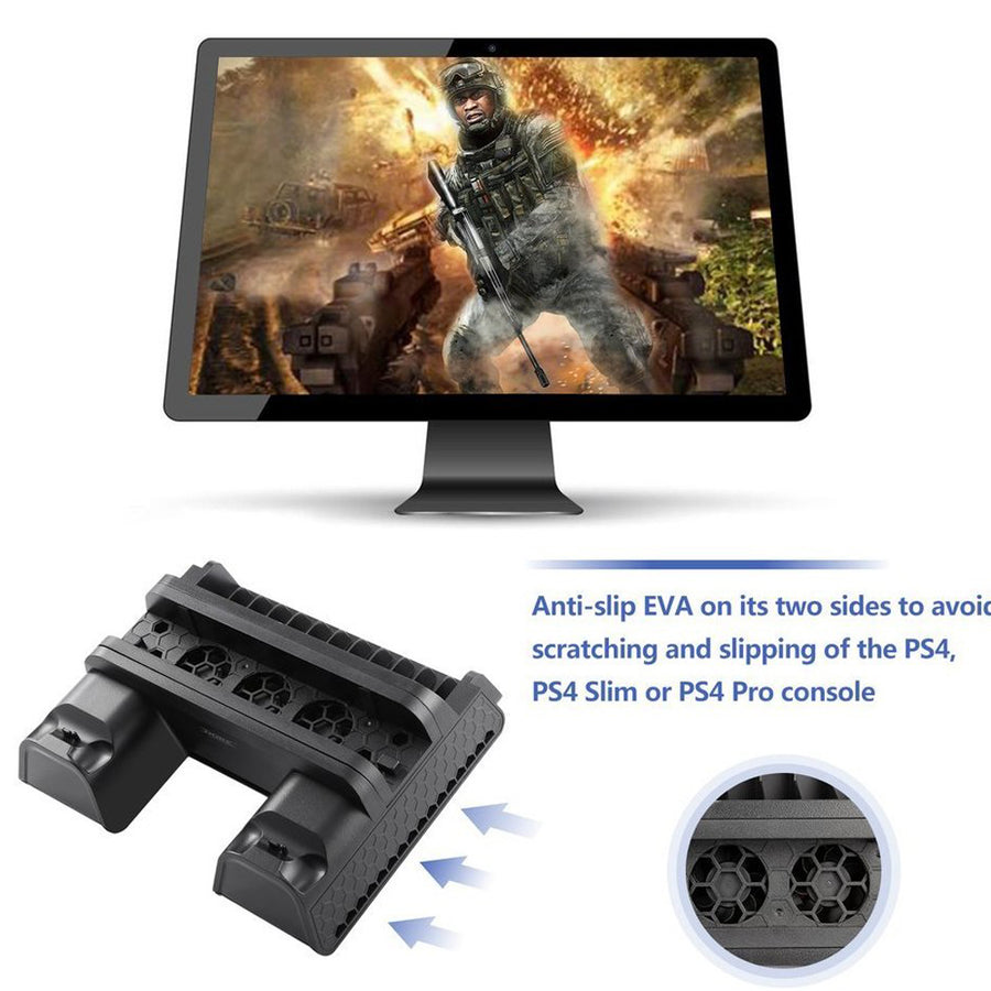 PS4 Series Vertical Stand with Cooling Fan and Dual Controllers Charging Station for PS4/PS4 Slim/PS4 Pro,3 Built-in Cooling Fan