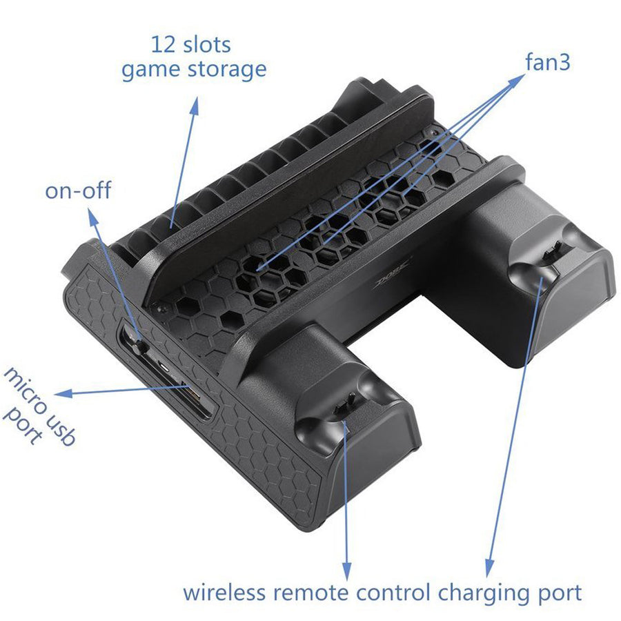 PS4 Series Vertical Stand with Cooling Fan and Dual Controllers Charging Station for PS4/PS4 Slim/PS4 Pro,3 Built-in Cooling Fan