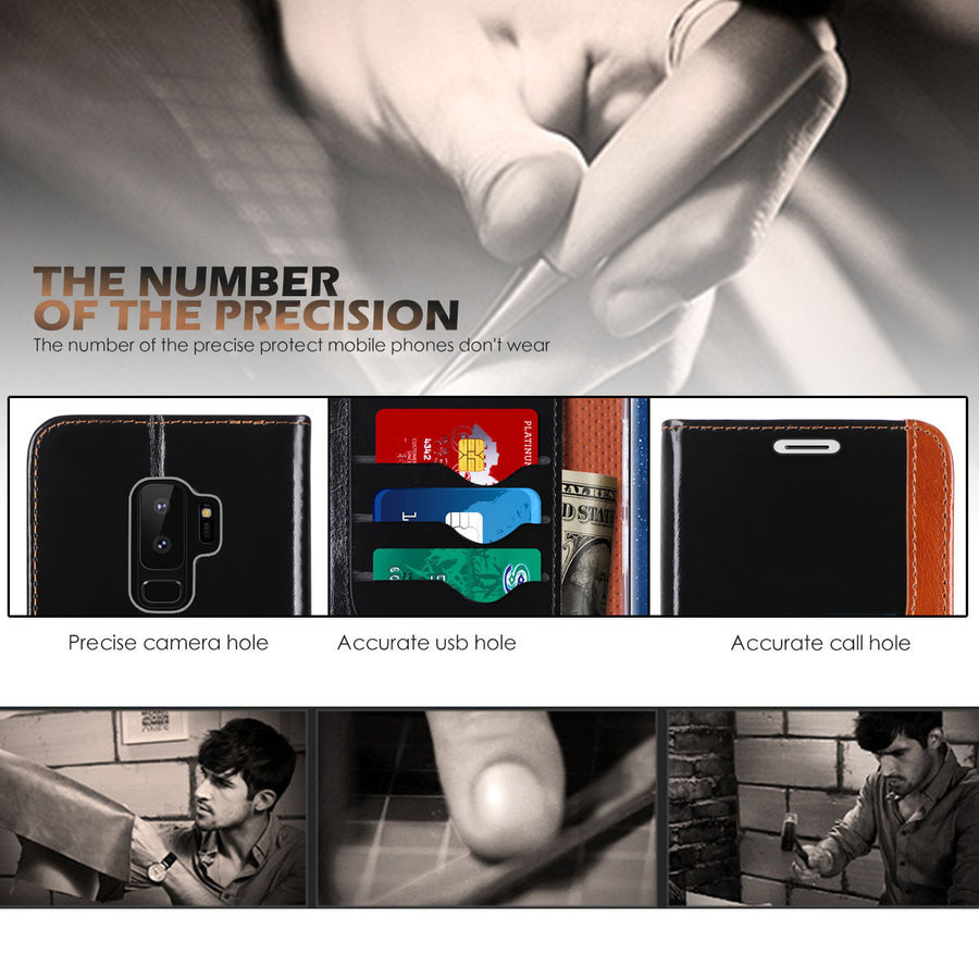 Galaxy S9 Plus Case, FYY [Luxurious Genuine Cowhide Leather] Wallet Case with [Free Earphone Case] for Samsung Galaxy S9 Plus